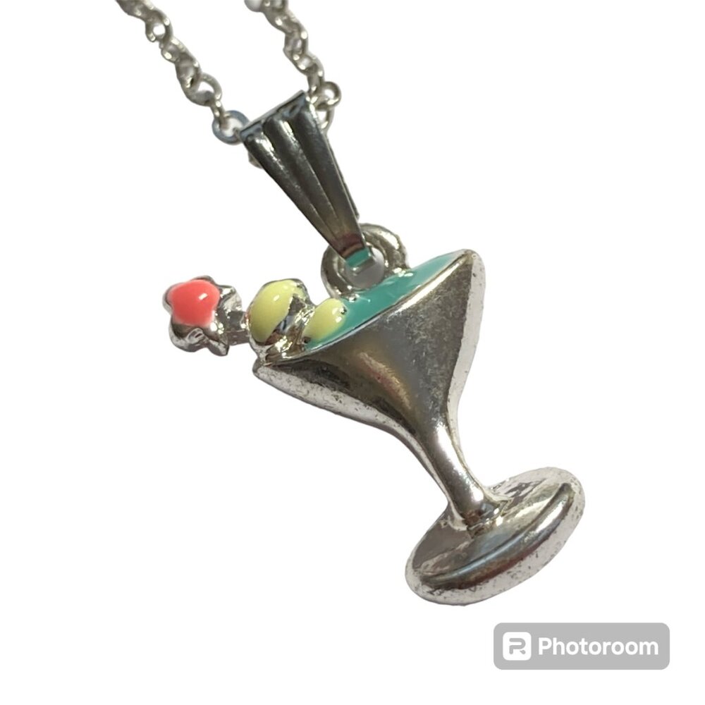 Martini Cocktail Drink Cup Glass Charm Necklace Pendant Aqua Enamel 18" Chain